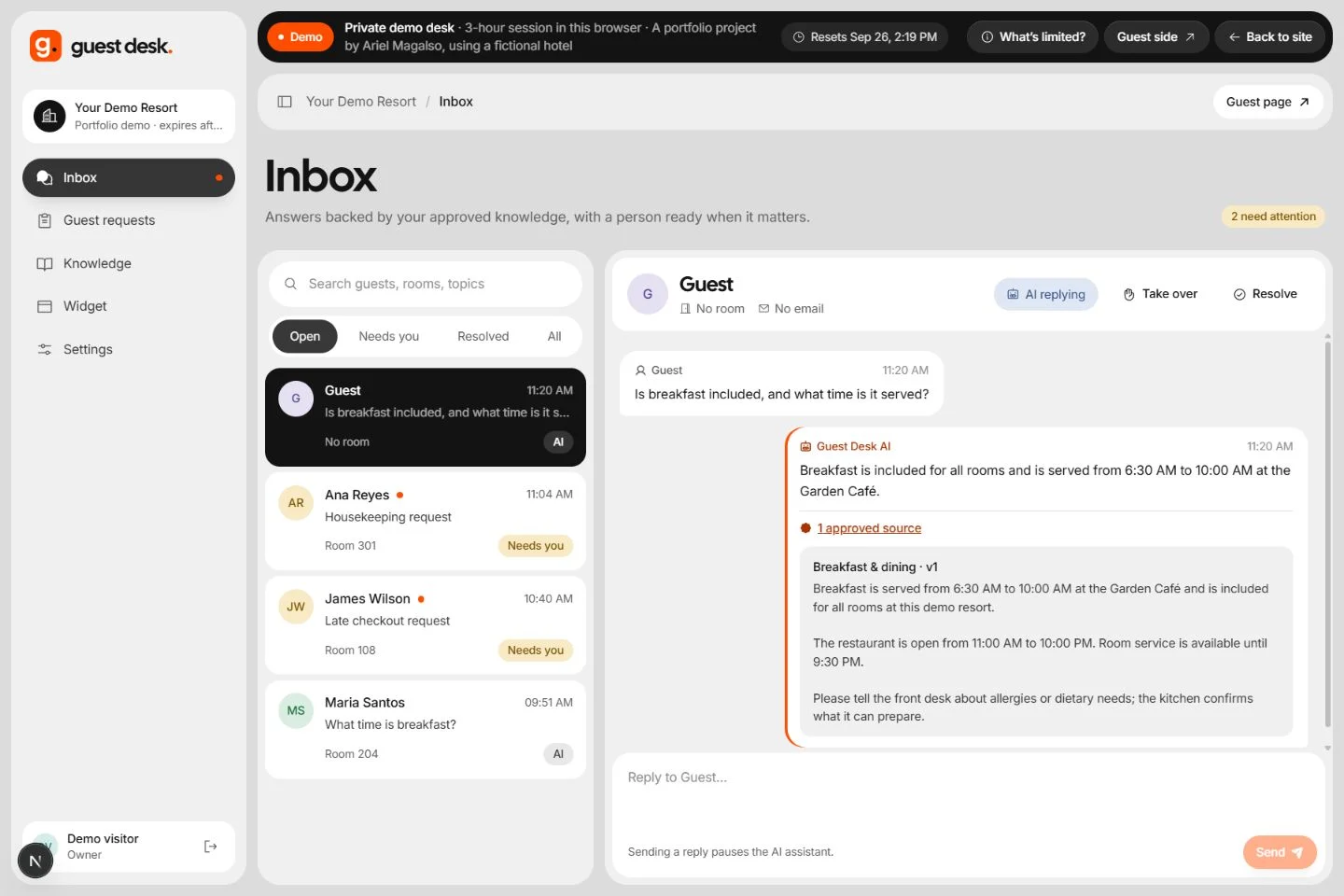 Guest Desk admin inbox: a guest asked what time breakfast is, and the AI answer shows its approved source.