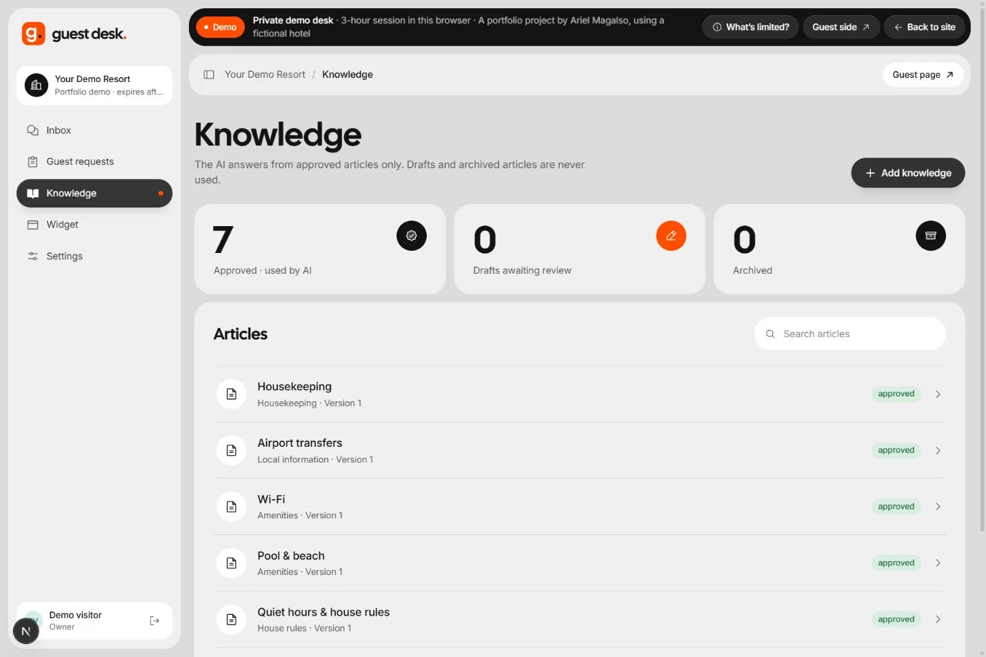 Knowledge page listing approved articles the AI is allowed to answer from.