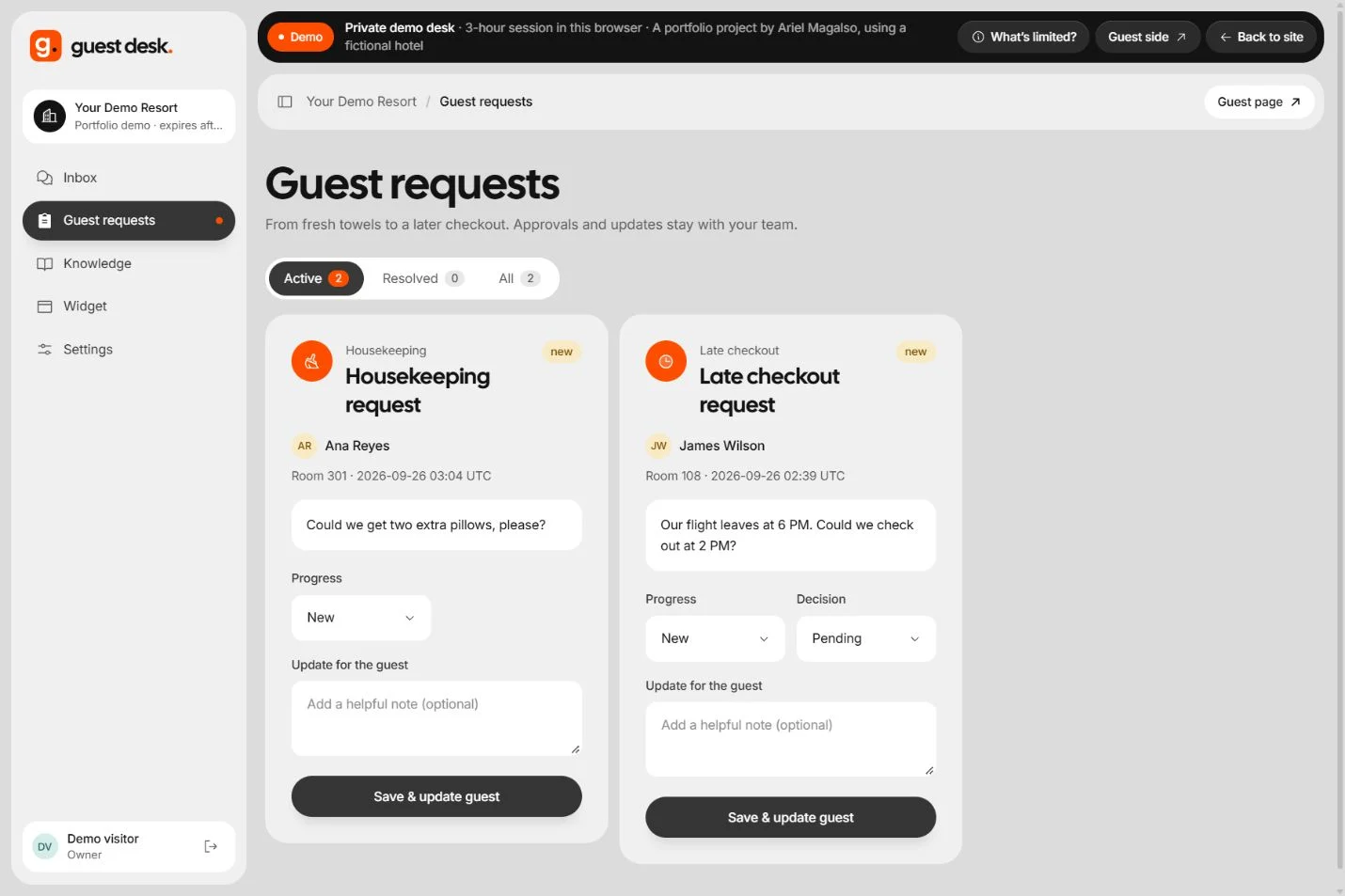 Guest requests page with a housekeeping request and a late checkout request awaiting a staff decision.