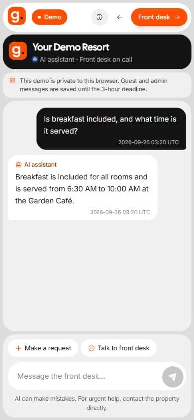 Guest chat on a phone: the guest asks whether breakfast is included and the AI assistant answers.